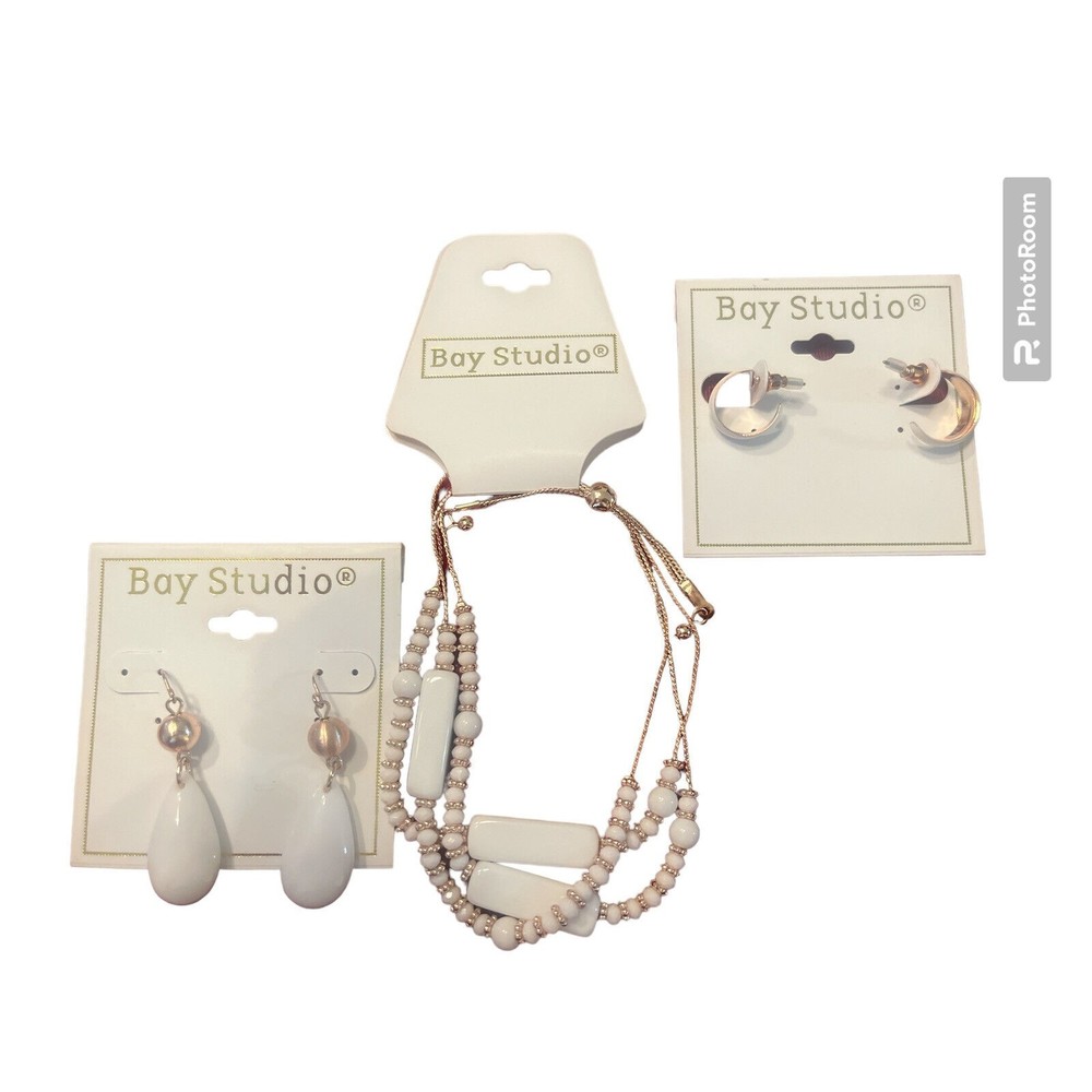Bay Studio New Bracelet And  Earrings White And Gold